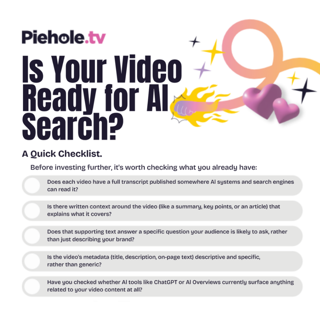 Is your video ready for AI search? A quick checklist.
Before investing further, it's worth checking what you already have. Here is a quick checklist from Piehole.tv that will help you.
